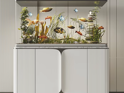 Aquarium Fish Tank with Colorful Fish Aquatic Plants and Modern White Cabinet Stand 3d model