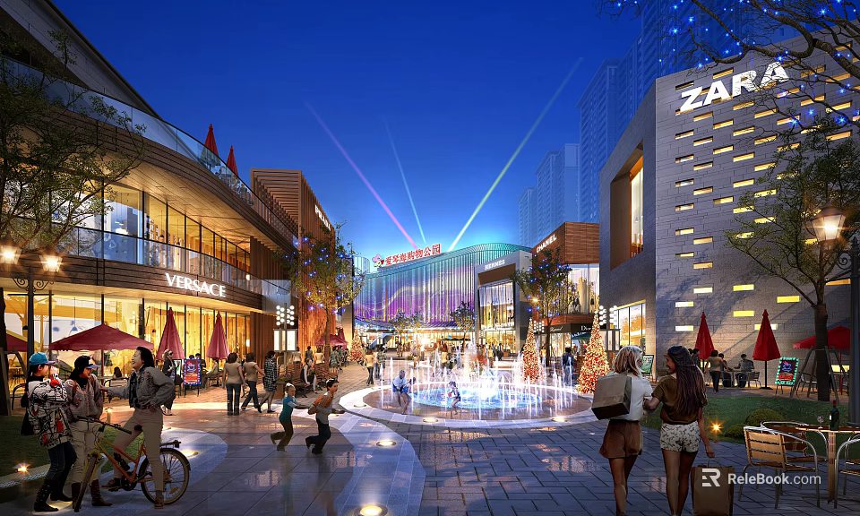 Vibrant Modern Commercial Street With Shops Pedestrians Fountains And Night Lights 3d model 