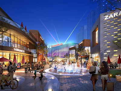 Vibrant Modern Commercial Street With Shops Pedestrians Fountains And Night Lights 3d model
