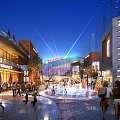 Vibrant Modern Commercial Street With Shops Pedestrians Fountains And Night Lights