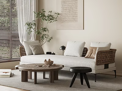 Modern Rattan Sofa And Wooden Coffee Table With Soft Pillows Area Rug And Potted Plant 3d model