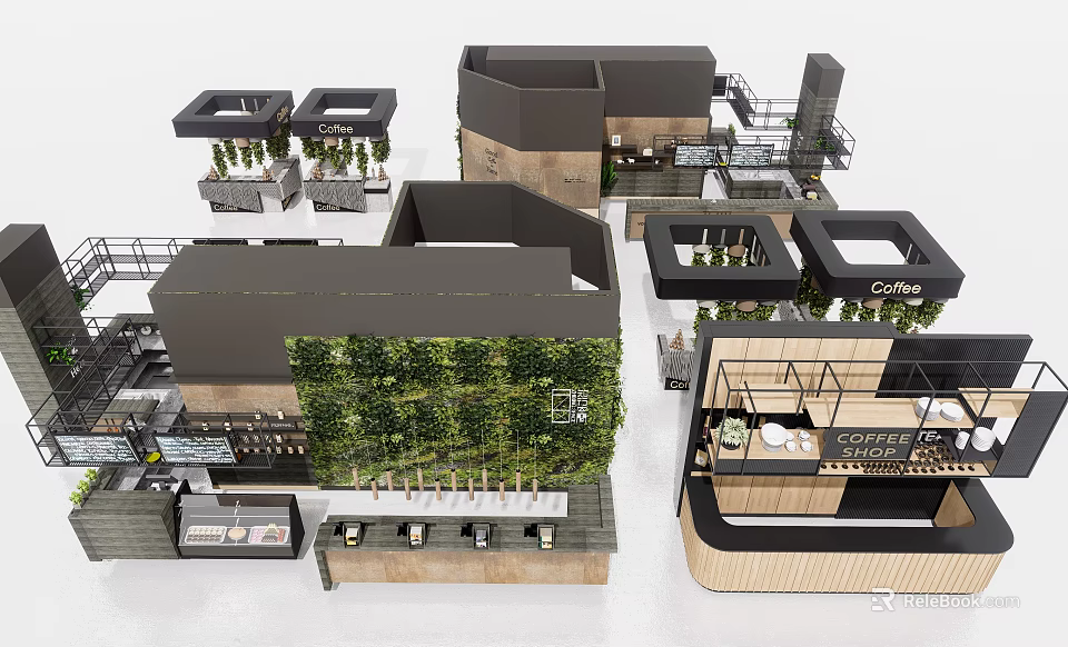 Modern Store Front Desk Interior Design With Green Plant Wall And Wooden Counter 3d model 