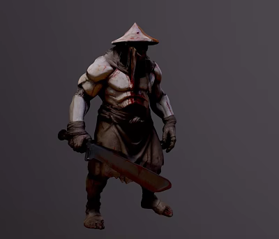 Muscular Bloodstained Game And Movie Character In Monk Robe With Conical Hat And Large Sword 3d model