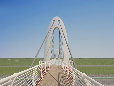 White Arch Bridge With Cables Wooden Deck And Green Grass Under Blue Sky 3d model