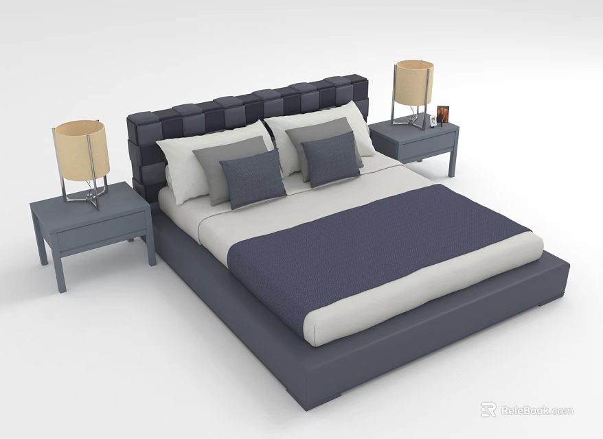 Double Bed With Upholstered Headboard White Sheets Navy Quilt Gray Pillows Side Nightstands Table Lamps 3d model 