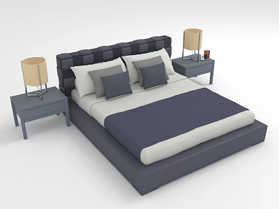 Double Bed With Upholstered Headboard White Sheets Navy Quilt Gray Pillows Side Nightstands Table Lamps 3d model
