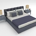 Double Bed With Upholstered Headboard White Sheets Navy Quilt Gray Pillows Side Nightstands Table Lamps