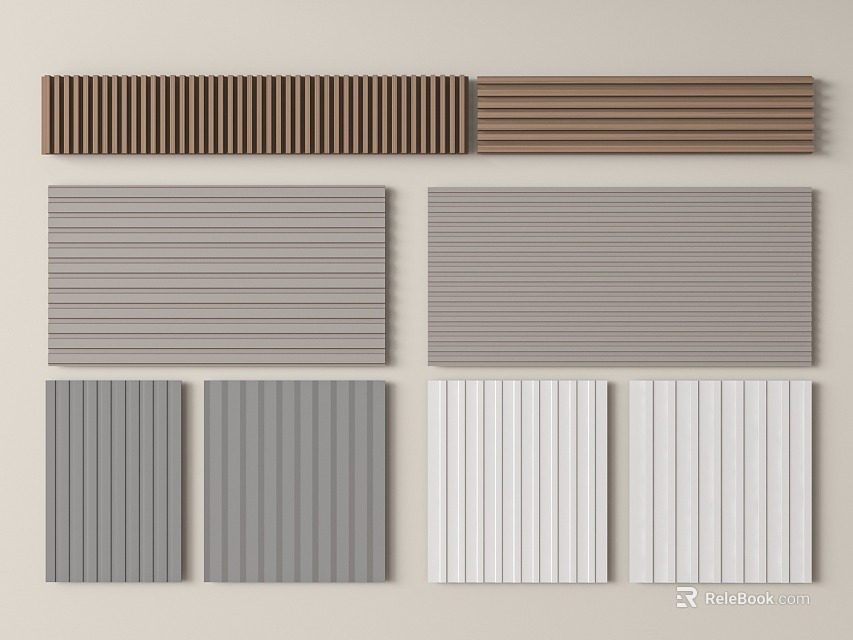 Modern Wall Paneling with Various Striped Textures in Brown Gray White Hues 3d model 