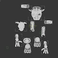 Disassembled 3D Robot Character Model with Rabbit Head Purple Red Blue Parts on Grey Background