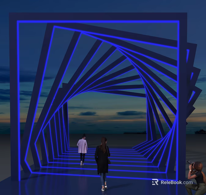Modern Event Entrance With Blue Illuminated Geometric Structure And People Walking At Sunset 3d model 