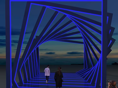 Modern Event Entrance With Blue Illuminated Geometric Structure And People Walking At Sunset 3d model