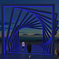 Modern Event Entrance With Blue Illuminated Geometric Structure And People Walking At Sunset