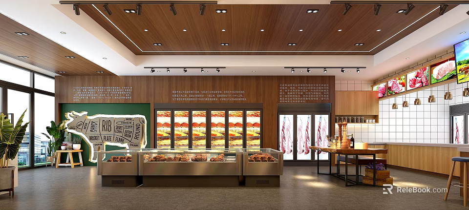 Meat Specialty Store With Wooden Walls Display Cases Fresh Meat Products Counter And Bright Lighting 3d model 
