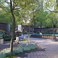 Residential Landscape Design With Modern Building Greenery Water Feature And Paved Walkway