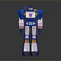 Blue Robot Character 3D Render With White Orange Accents And Chest Emblem Design