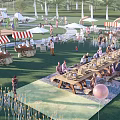 Vibrant Camping Site With Colorful Tents Striped Canopies Grass Area And Outdoor Activities