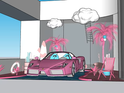 Pink Sports Car In Stylish Indoor Scene With Pink Palm Trees Clouds Ladder And Surfboard 3d model