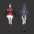Anime Character 3D Model Front Back View Red Coat White Skirt Long Hair Gray Socks