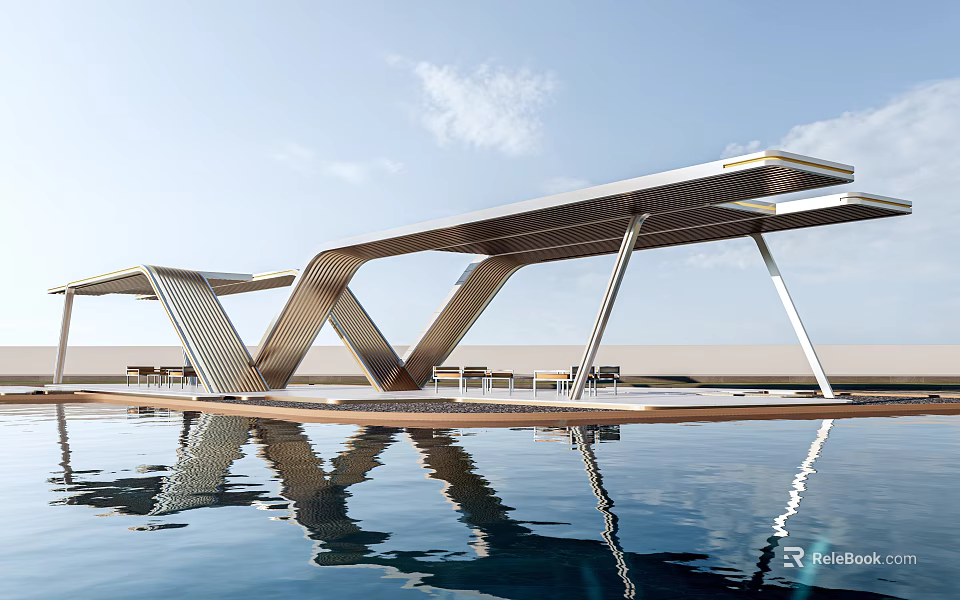 Modern Outdoor Pergola With Metal Geometric Structure And Water Reflection In Pool Area 3d model 