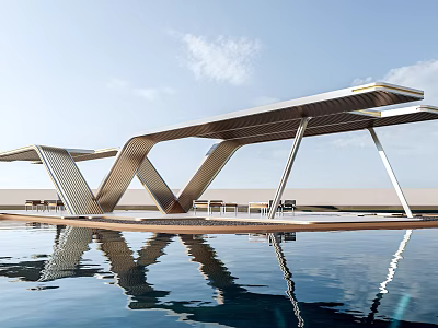 Modern Outdoor Pergola With Metal Geometric Structure And Water Reflection In Pool Area 3d model