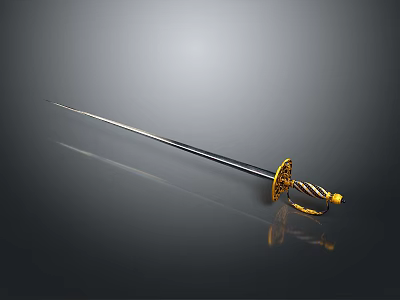 Traditional Decorative Sword with Golden Ornate Hilt and Shiny Blade on Dark Background with Reflection 3d model