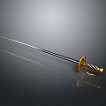 Traditional Decorative Sword with Golden Ornate Hilt and Shiny Blade on Dark Background with Reflection
