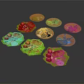 Assorted Delicious Food On Round Plates With Meat Vegetables And Fruits
