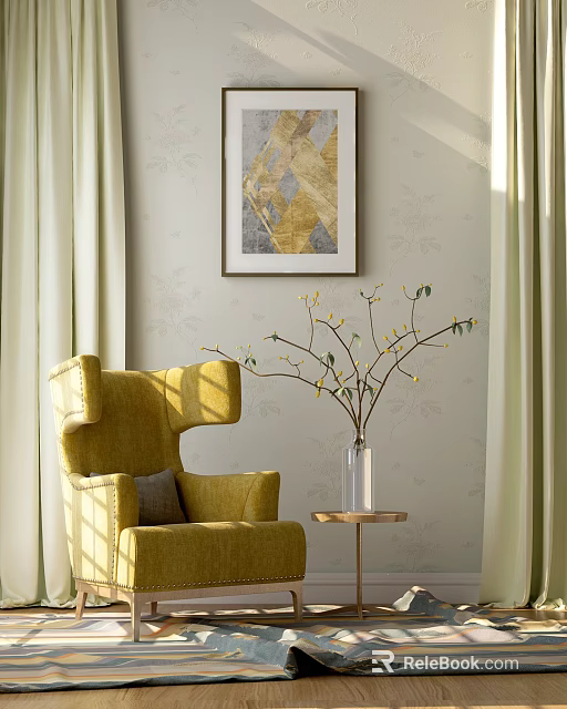Cozy Yellow Single Sofa With Side Table Glass Vase Yellow Branches And Decorative Framed Art 3d model 