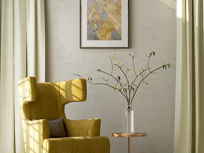Cozy Yellow Single Sofa With Side Table Glass Vase Yellow Branches And Decorative Framed Art 3d model
