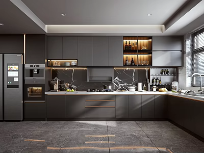Modern Dark Gray Kitchen Interior With Marble Countertops Wine Racks And Appliances 3d model