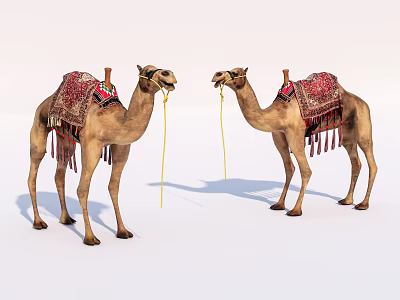 Two Camels With Traditional Decorated Saddles Standing Side By Side On White Background 3d model