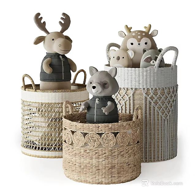 Plush Animal Dolls In Woven Storage Baskets 3d model