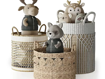 Plush Animal Dolls In Woven Storage Baskets 3d model