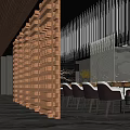 Luxurious Modern Restaurant Interior With Wooden Lattice Partition Metallic Screen And Chandelier
