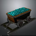 Red Mine Cart Loaded With Blue Glowing Stones On Metal Tracks