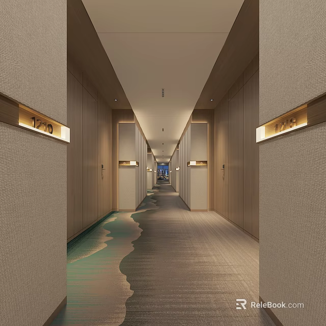 Modern Hotel Corridor Interior With Guestroom Doors Room Numbers Ceiling Lighting And Wave Pattern Carpet 3d model 
