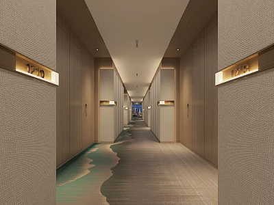 Modern Hotel Corridor Interior With Guestroom Doors Room Numbers Ceiling Lighting And Wave Pattern Carpet 3d model