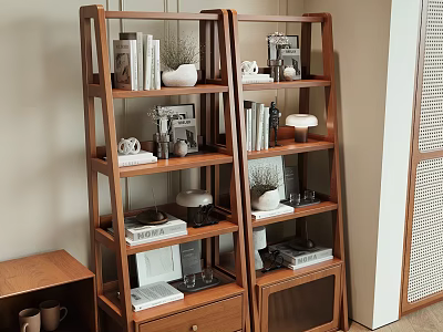 Modern Wooden Bookshelves With Books Decorative Items And Storage In Living Room 3d model