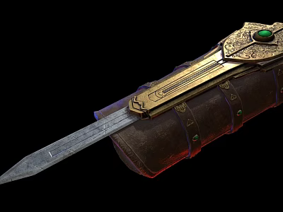 Golden Ornate Dagger With Green Gemstone And Leather Sheath Intricate Carvings 3d model