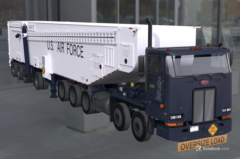 U.S. Air Force Oversize Load Truck With Extended Flatbed Trailer And Military Markings 3d model 