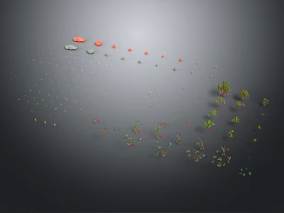 Plants In Various Green And Red Forms With Scattered Colorful Dots On Gray Background 3d model