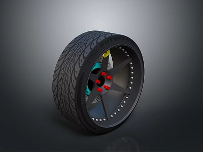 Black Tire With Detailed Tread Pattern And Stylish Wheel Rim Red Accents 3d model