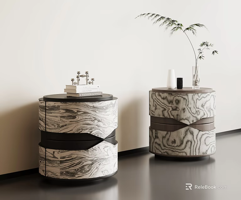 Unique Artistic Marbled Pattern Round Bedside Tables With Drawer Storage For Modern Elegant Bedroom Decor 3d model 