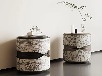 Unique Artistic Marbled Pattern Round Bedside Tables With Drawer Storage For Modern Elegant Bedroom Decor 3d model