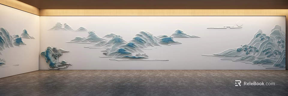 3D Relief Landscape Painting With Blue Mountains And White Waves On Light Background 3d model 