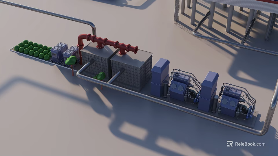 Industrial Factory Interior With Red Pipes Gray Containers Blue Machinery and Green Spheres 3d model 