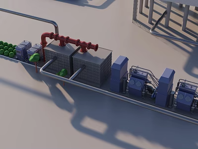 Industrial Factory Interior With Red Pipes Gray Containers Blue Machinery and Green Spheres 3d model