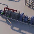 Industrial Factory Interior With Red Pipes Gray Containers Blue Machinery and Green Spheres