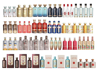 Diverse Collection of Various Wine Bottles in Different Colors and Styles Arranged in Rows 3d model