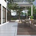 Relaxing Outdoor Wooden Deck With Patio Table Chairs Building Trees And Umbrella